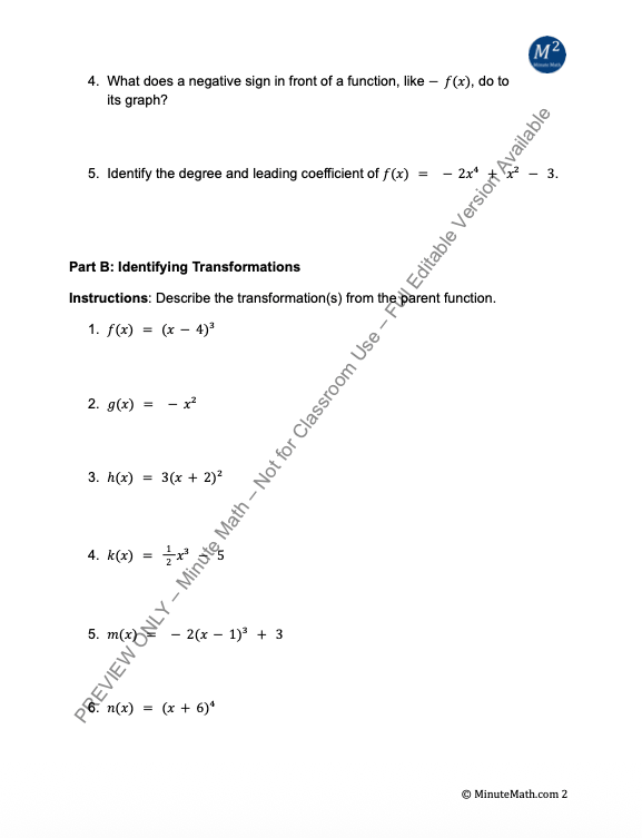 Transformations of Polynomial Functions | Practice & Answer Key