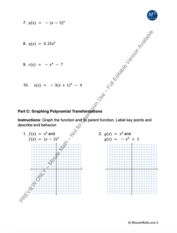 Transformations of Polynomial Functions | Practice & Answer Key