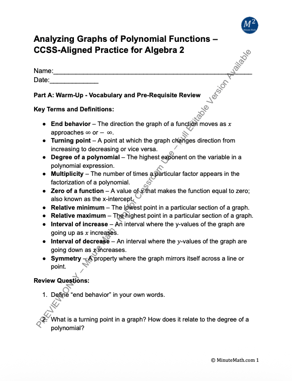 Analyzing Graphs of Polynomial Functions – CCSS-Aligned Practice for Algebra 2