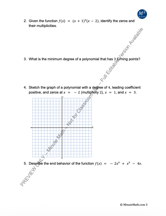 Analyzing Graphs of Polynomial Functions – CCSS-Aligned Practice for Algebra 2