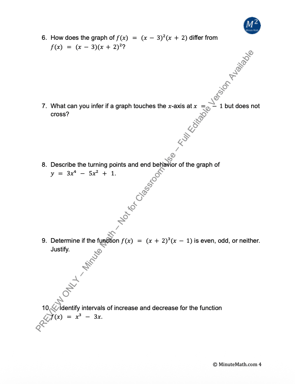 Analyzing Graphs of Polynomial Functions – CCSS-Aligned Practice for Algebra 2