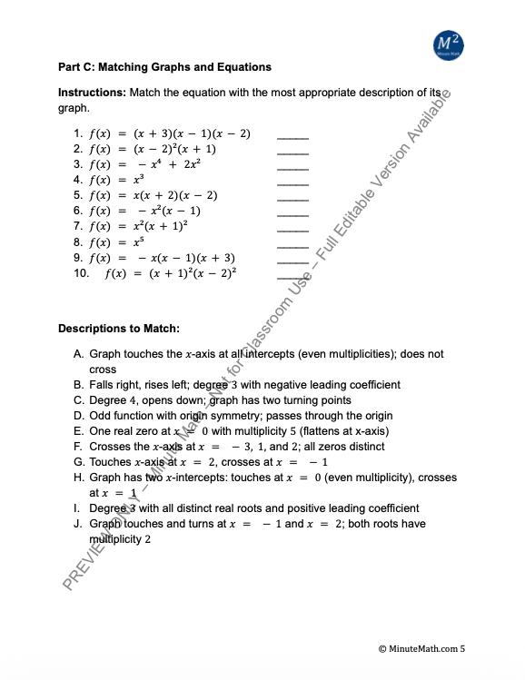 Analyzing Graphs of Polynomial Functions – CCSS-Aligned Practice for Algebra 2
