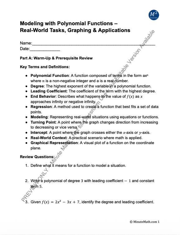 Modeling with Polynomial Functions – Real-World Tasks, Graphing & Applications