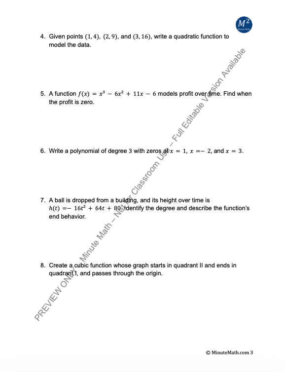 Modeling with Polynomial Functions – Real-World Tasks, Graphing & Applications