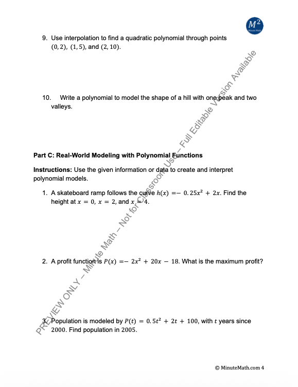 Modeling with Polynomial Functions – Real-World Tasks, Graphing & Applications