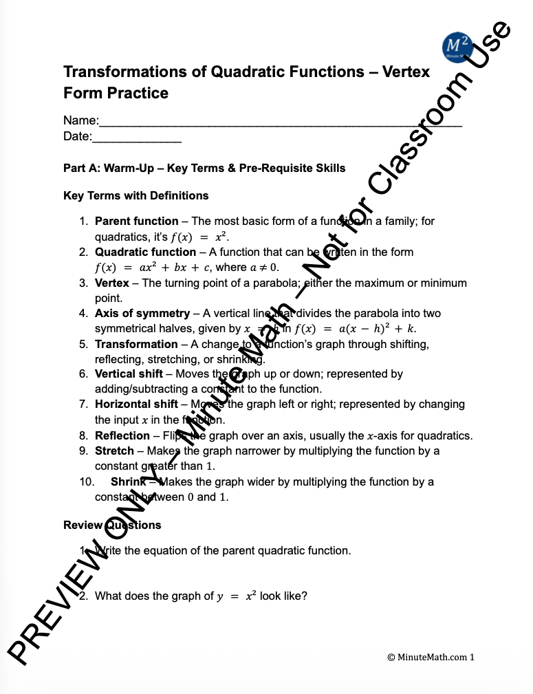 Transformations of Quadratic Functions – Vertex Form Practice
