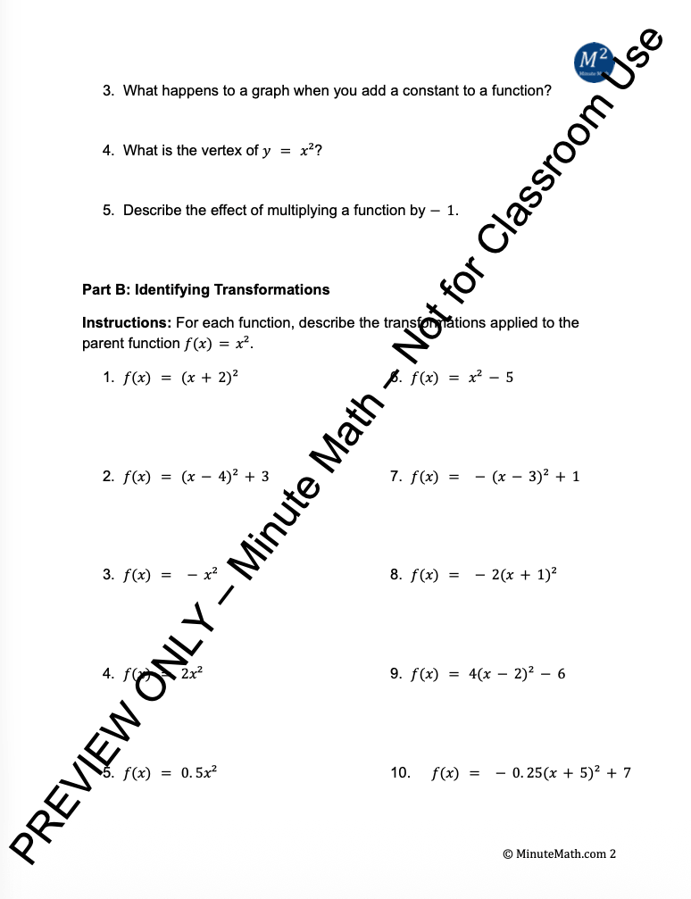 Transformations of Quadratic Functions – Vertex Form Practice