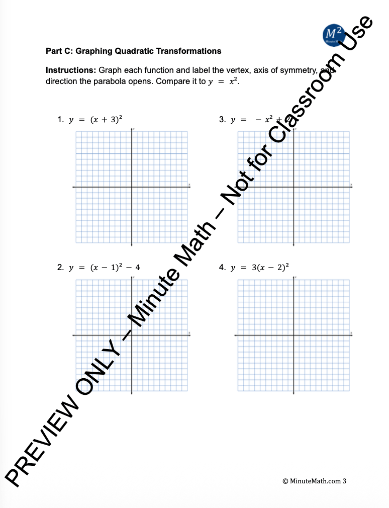 Transformations of Quadratic Functions – Vertex Form Practice