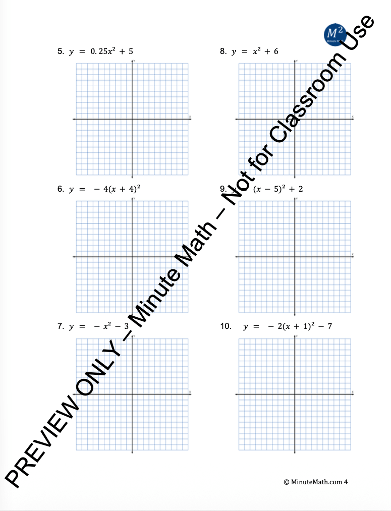Transformations of Quadratic Functions – Vertex Form Practice