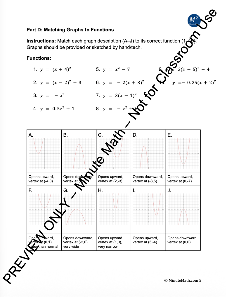 Transformations of Quadratic Functions – Vertex Form Practice