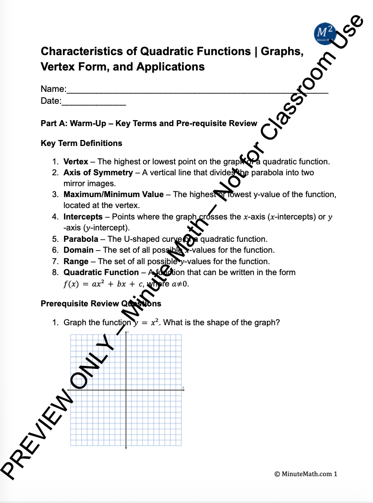 Characteristics of Quadratic Functions | Graphs, Vertex Form, and Applications