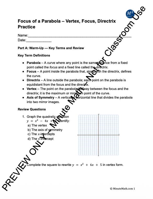 Focus of a Parabola – Vertex, Focus, Directrix Practice