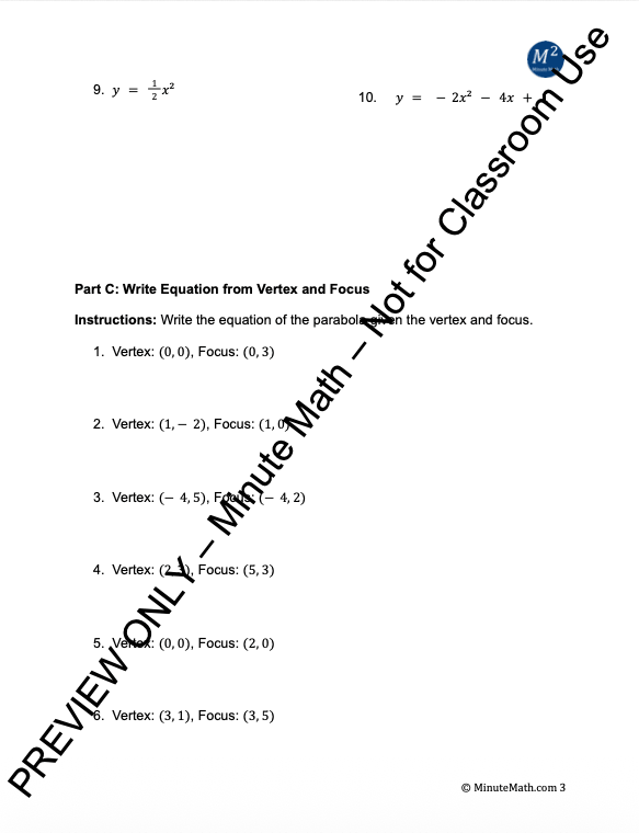 Focus of a Parabola – Vertex, Focus, Directrix Practice