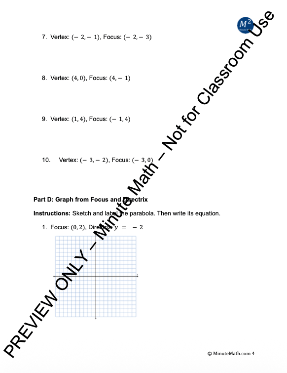 Focus of a Parabola – Vertex, Focus, Directrix Practice