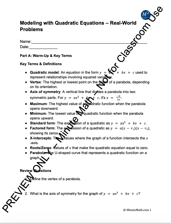 Modeling with Quadratic Equations – Real-World Problems