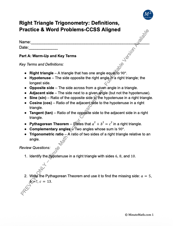 Right Triangle Trigonometry: Definitions, Practice & Word Problems-CCSS Aligned