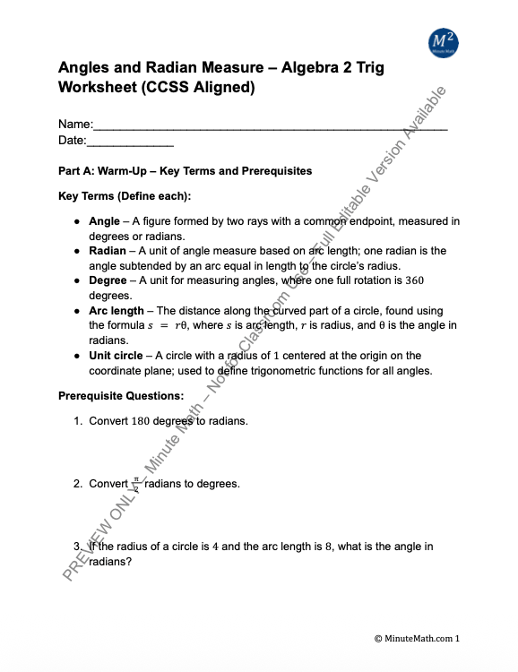 Angles and Radian Measure – Algebra 2 Trig Worksheet (CCSS Aligned)