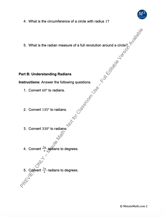 Angles and Radian Measure – Algebra 2 Trig Worksheet (CCSS Aligned)