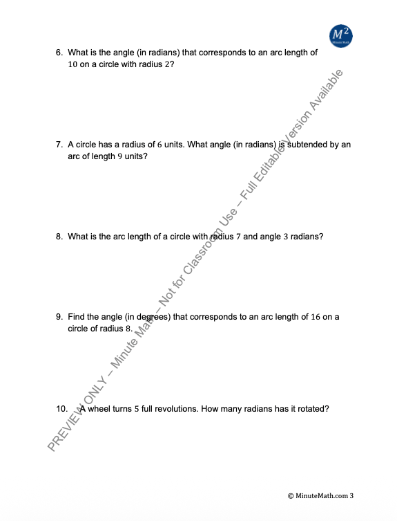 Angles and Radian Measure – Algebra 2 Trig Worksheet (CCSS Aligned)