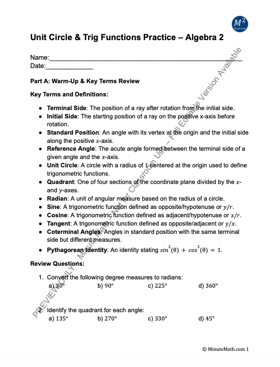 Unit Circle & Trig Functions Practice – Algebra 2
