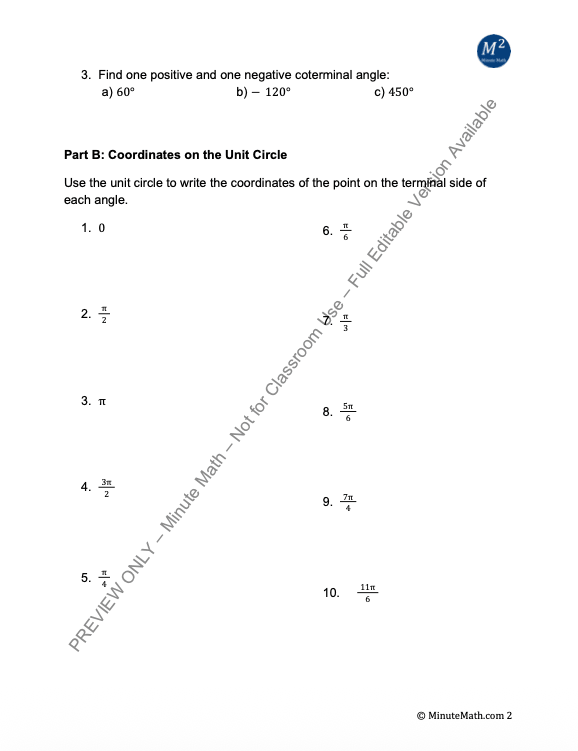 Unit Circle & Trig Functions Practice – Algebra 2