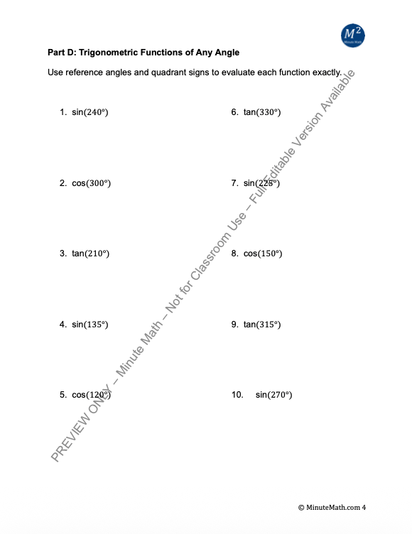 Unit Circle & Trig Functions Practice – Algebra 2