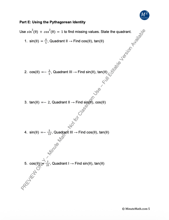 Unit Circle & Trig Functions Practice – Algebra 2