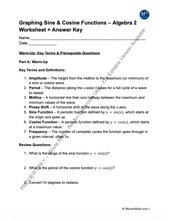 Graphing Sine & Cosine Functions – Algebra 2 Worksheet + Answer Key