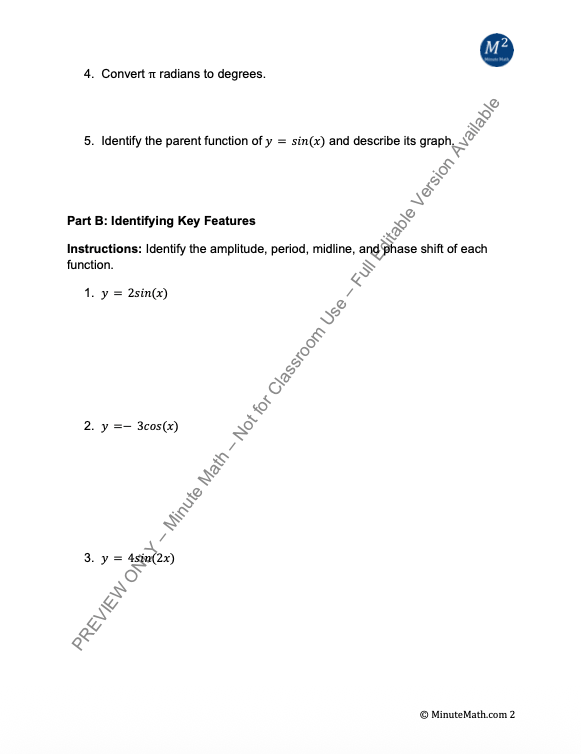 Graphing Sine & Cosine Functions – Algebra 2 Worksheet + Answer Key