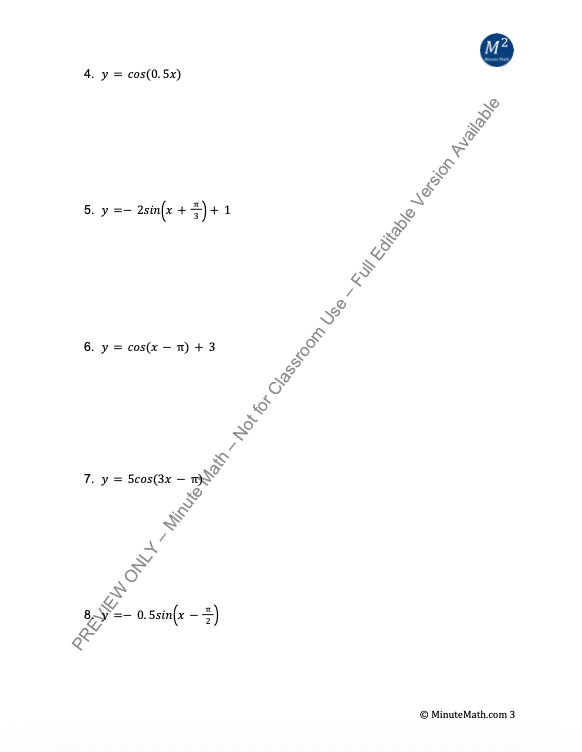 Graphing Sine & Cosine Functions – Algebra 2 Worksheet + Answer Key