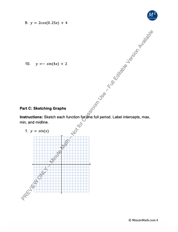 Graphing Sine & Cosine Functions – Algebra 2 Worksheet + Answer Key
