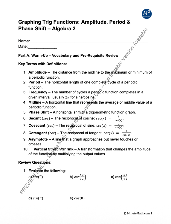 Graphing Trig Functions: Amplitude, Period & Phase Shift – Algebra 2
