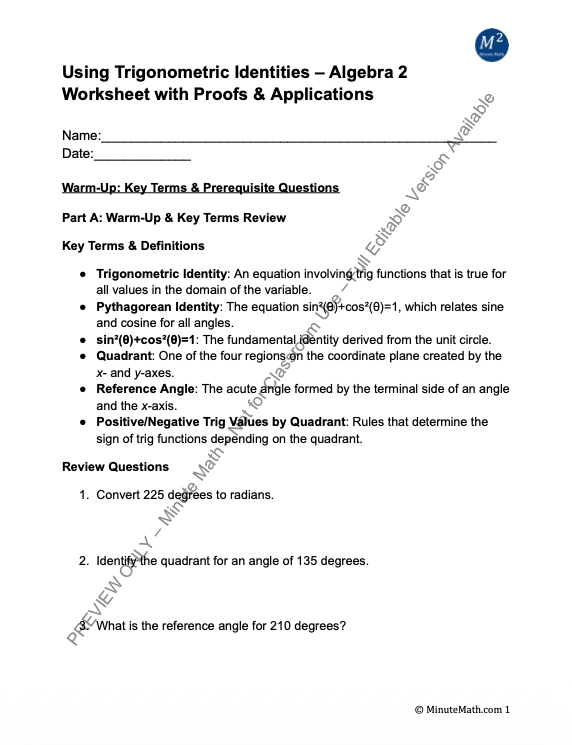 Using Trigonometric Identities – Algebra 2 Worksheet with Proofs & Applications