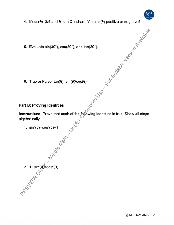 Using Trigonometric Identities – Algebra 2 Worksheet with Proofs & Applications