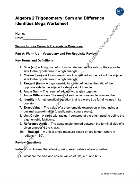 Algebra 2 Trigonometry: Sum and Difference Identities Mega Worksheet