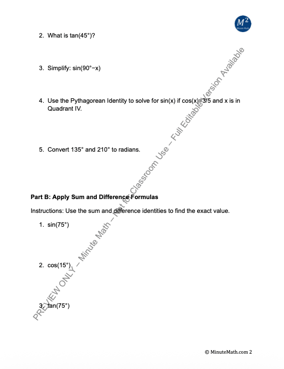 Algebra 2 Trigonometry: Sum and Difference Identities Mega Worksheet
