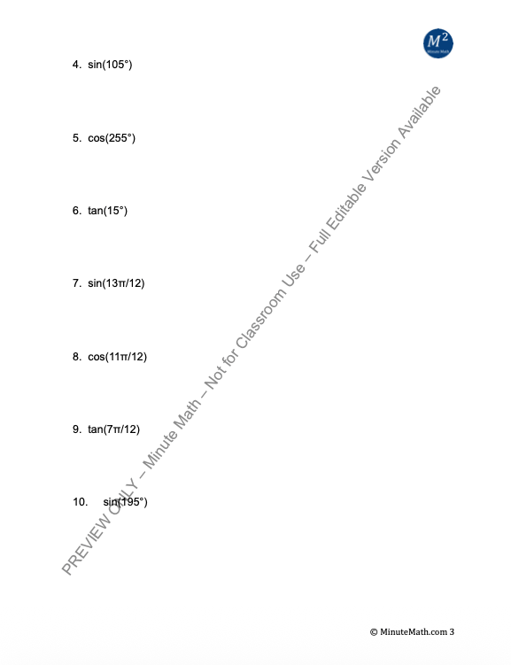 Algebra 2 Trigonometry: Sum and Difference Identities Mega Worksheet