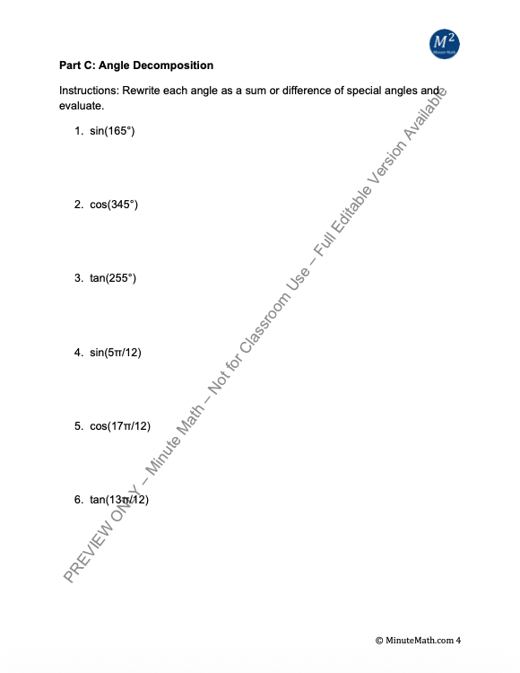 Algebra 2 Trigonometry: Sum and Difference Identities Mega Worksheet