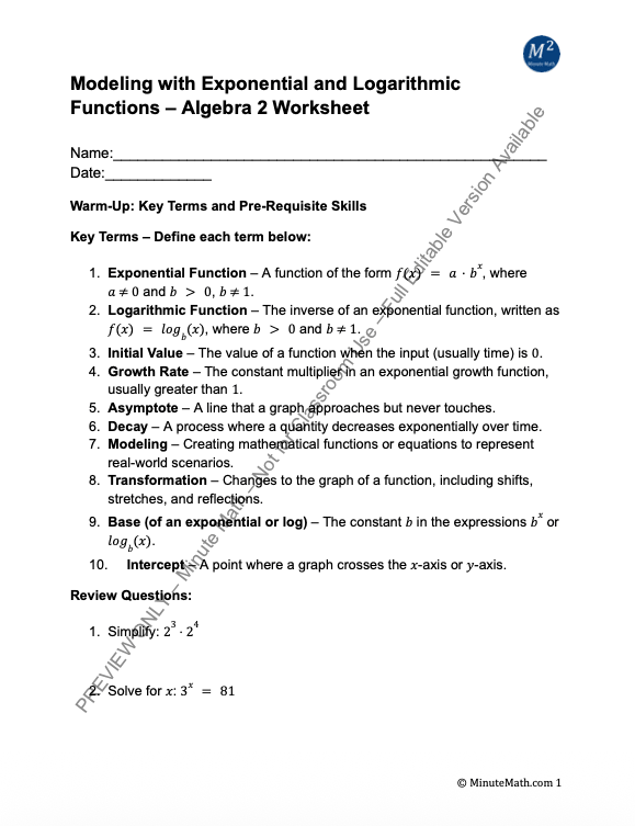 Modeling with Exponential and Logarithmic Functions – Algebra 2 Worksheet