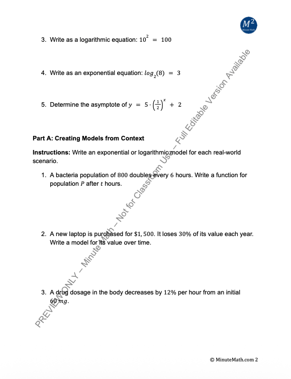 Modeling with Exponential and Logarithmic Functions – Algebra 2 Worksheet