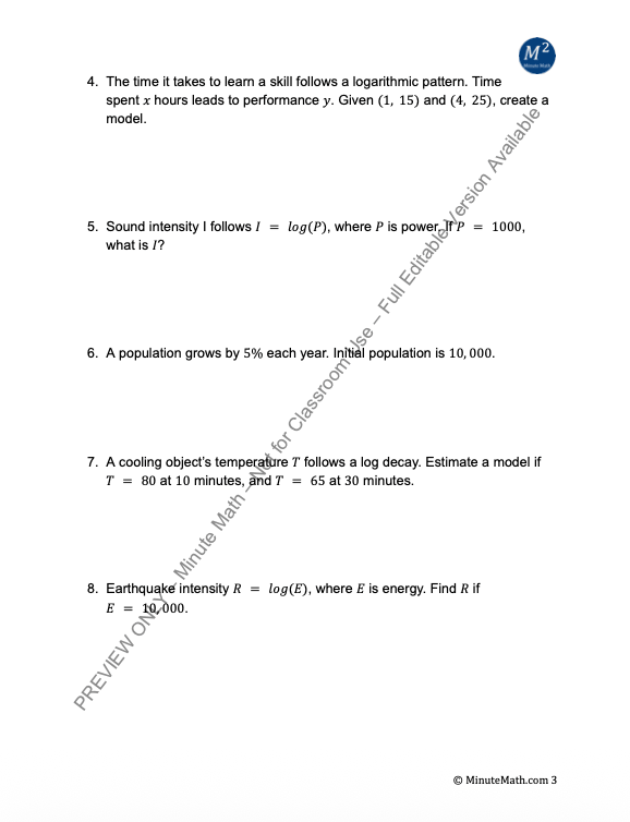 Modeling with Exponential and Logarithmic Functions – Algebra 2 Worksheet