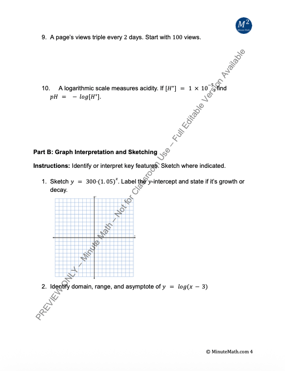 Modeling with Exponential and Logarithmic Functions – Algebra 2 Worksheet