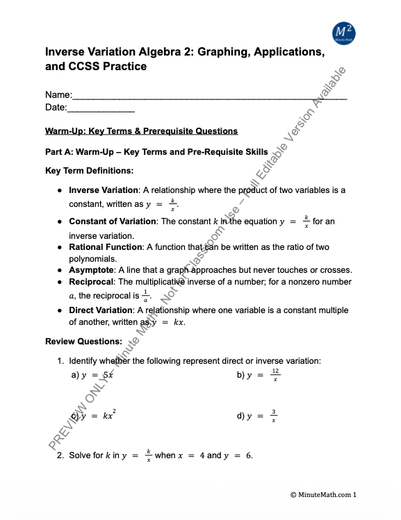 Inverse Variation Algebra 2: Graphing, Applications, and CCSS Practice