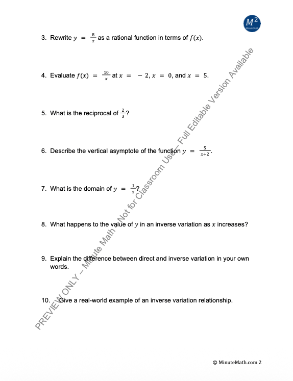 Inverse Variation Algebra 2: Graphing, Applications, and CCSS Practice