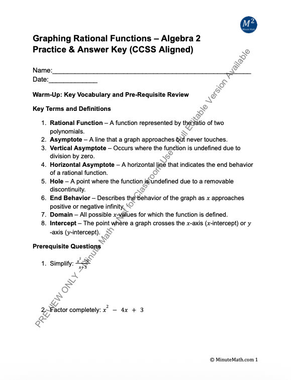 Graphing Rational Functions – Algebra 2 Practice & Answer Key (CCSS Aligned)