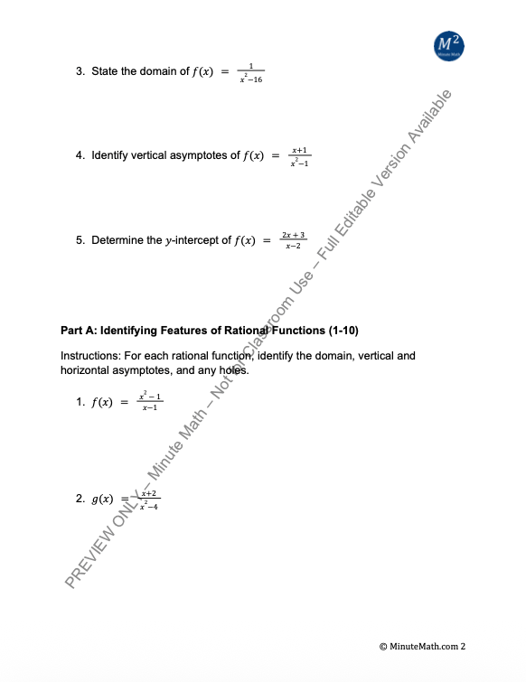 Graphing Rational Functions – Algebra 2 Practice & Answer Key (CCSS Aligned)