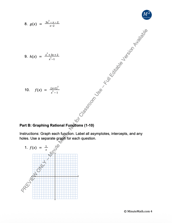 Graphing Rational Functions – Algebra 2 Practice & Answer Key (CCSS Aligned)