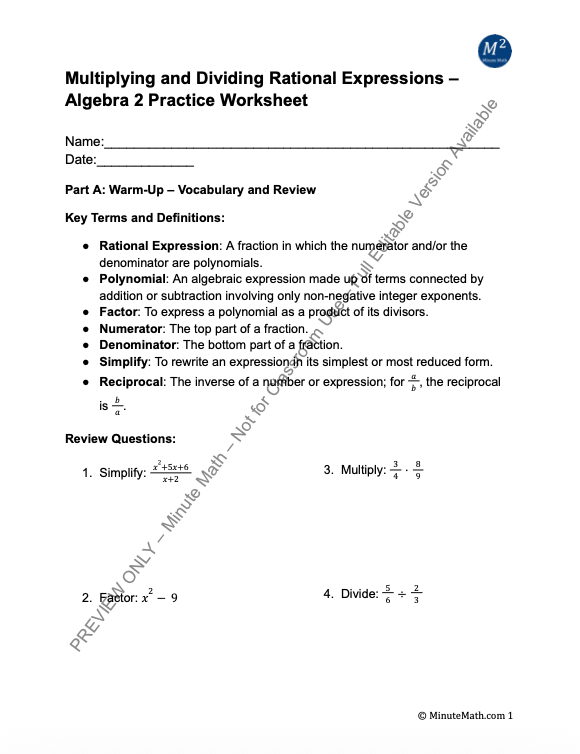 Multiplying and Dividing Rational Expressions – Algebra 2 Practice Worksheet
