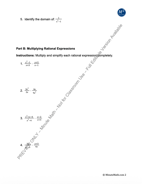 Multiplying and Dividing Rational Expressions – Algebra 2 Practice Worksheet