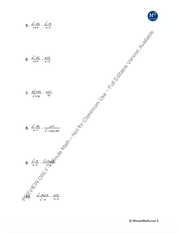 Multiplying and Dividing Rational Expressions – Algebra 2 Practice Worksheet